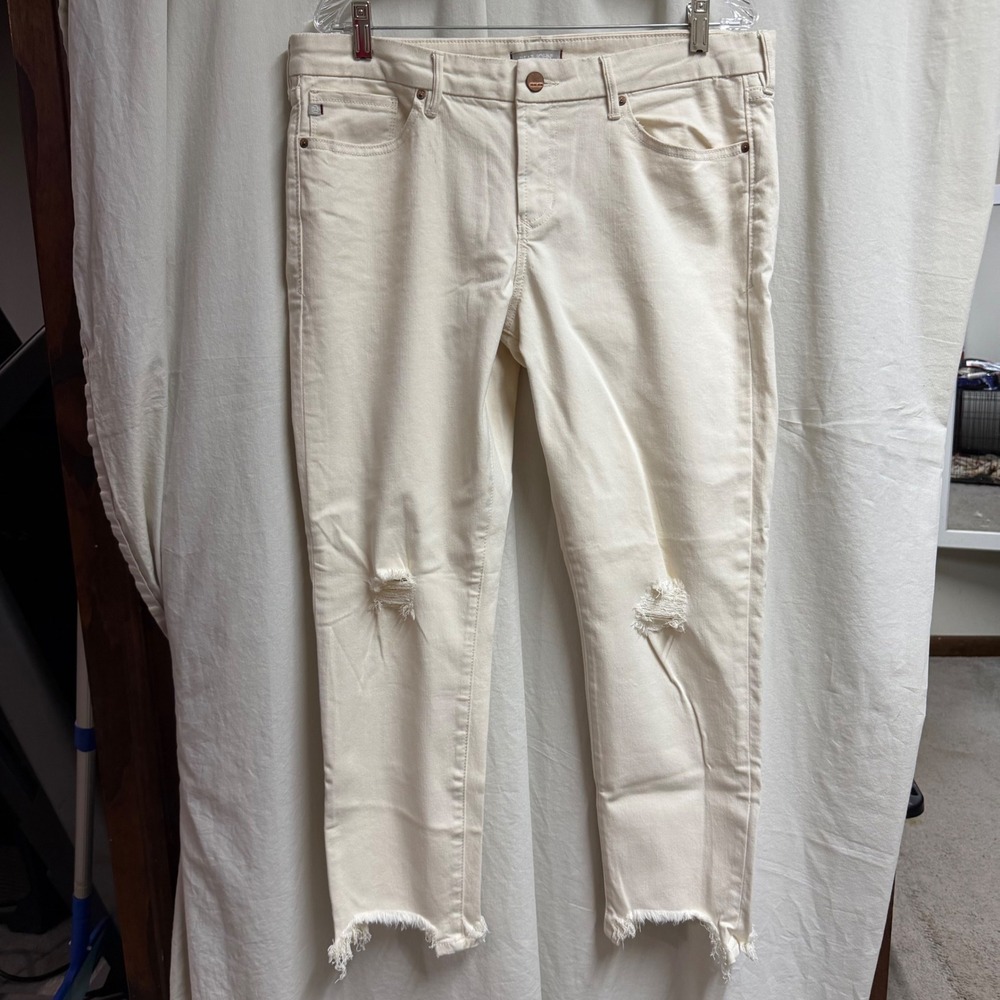 Dear John Joyrich Comfort Skinny Jeans Cream Distressed Raw Hem Size 32 NWT